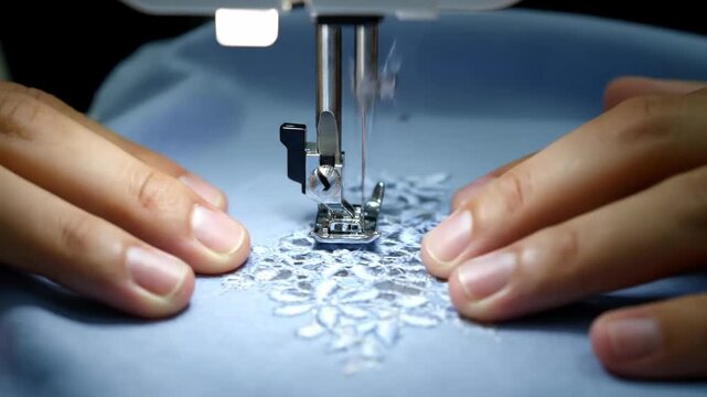 Close-up of hands using a sewing machine, stitching fabric with lace design, craft and textile work, sewing, and needlework concept.