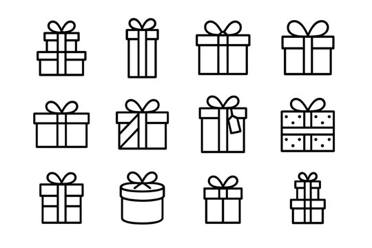 Gift Stack Icons. Gift stack collection. Line outline icon set of gift stack collection: layered boxes, tall