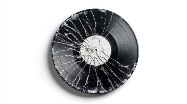 broken vinyl record on white background