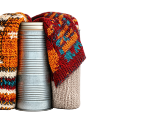 Metal pail wrapped in warm, patterned knitted fabrics
