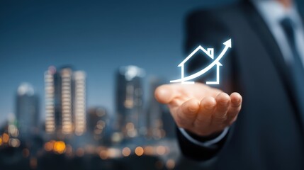 Professional Businessman Holding Digital House Icon with Rising Arrow Over City Skyline at Dusk