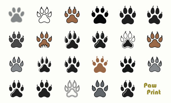 Animal paw print silhouette collection, big cat tracks, creative vector set, unique wildlife design illustration.