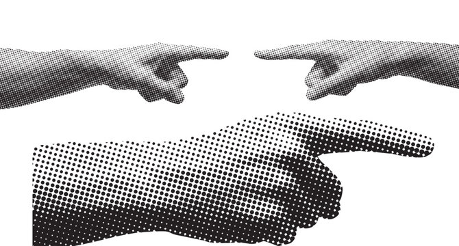 Three hands pointing fingers at each other in a confrontational gesture, illustrating conflict and tension between individuals in a stark black and white illustration from a straightforward viewpoint.
