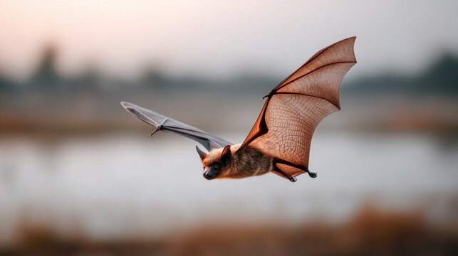 Flying Bat with Wings Against Blurred Background