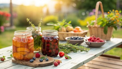 Jars of brandied fruit sitting on a rustic wooden table outdoors