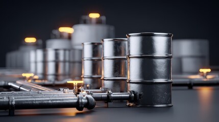 Metallic Barrels and Pipelines Representing Energy and Industry