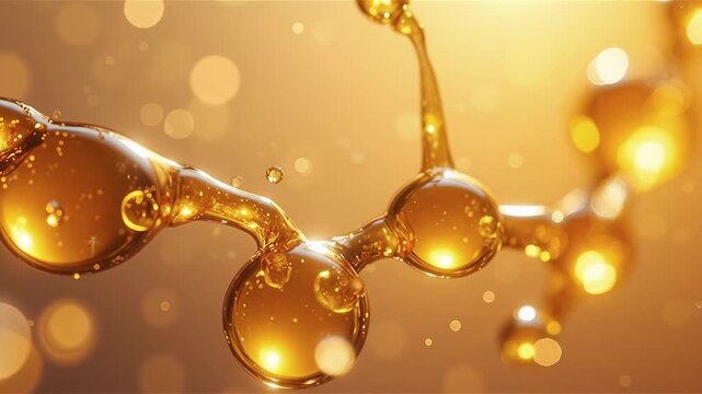 Close up of shiny golden face serum molecules skincare and beauty product concept background. 