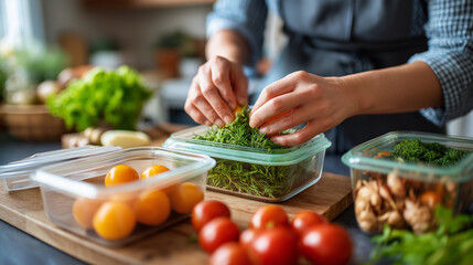 Hands arranging fresh ingredients in compartment container, defocused home kitchen, healthy homemade food preparation, daily meal planning, organized eating habits, with copy space