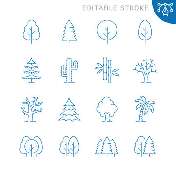 Vector line set of icons related with trees. Contains monochrome icons like tree, forest, wood, plant and more. Simple outline sign. Editable stroke.