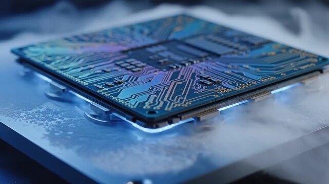 Quantum Computing Breakthroughs concept. Futuristic microchip on a sleek surface with vapor effects.