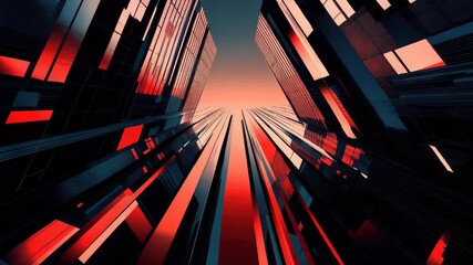 Surreal digital art depicting a cyberpunk cityscape with high-rise buildings, red and black color scheme, 3D rendering, futuristic elements.