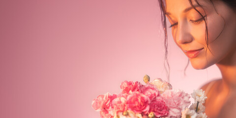 Beautiful Woman With Pink Flowers In Golden Light And Soft Romantic Mood