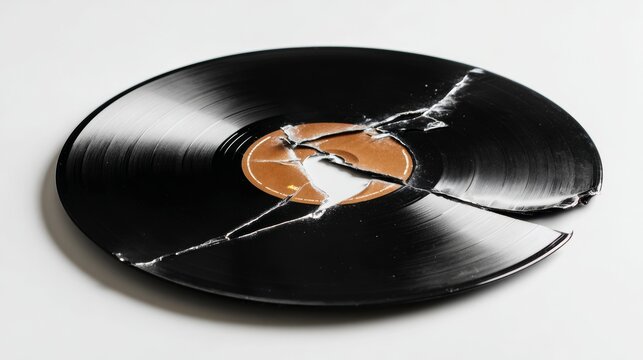 broken vinyl record on white background