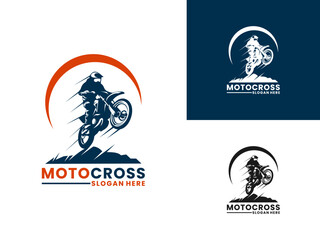 Motocross jumping with sun silhouette logo design vector template. Motocross sport logo design vector.