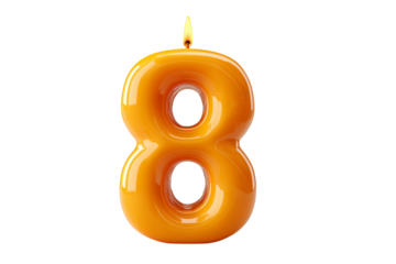 Illuminated number 8 candle isolated on transparent background