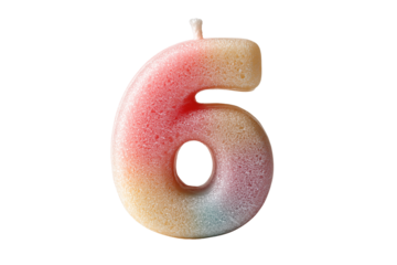 Vibrant rainbow number six candle isolated on transparent background