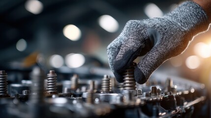 Gray Protective Glove Hand in Mechanics Workshop Handling Components for Inspection and Maintenance Tasks