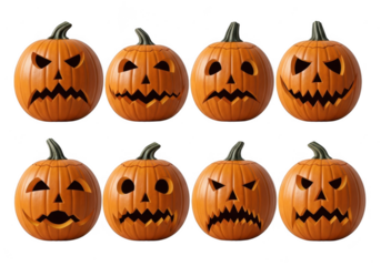 Eight jack o lanterns with scary faces on black background
