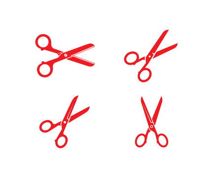 Red scissors icons for back to school marketing campaigns and craft store advertisements are isolated on a white background.