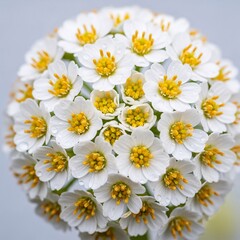 Obraz premium Close up of a beautiful white yarrow flower head with yellow centers against a soft pastel background with white flowers and floral and macro