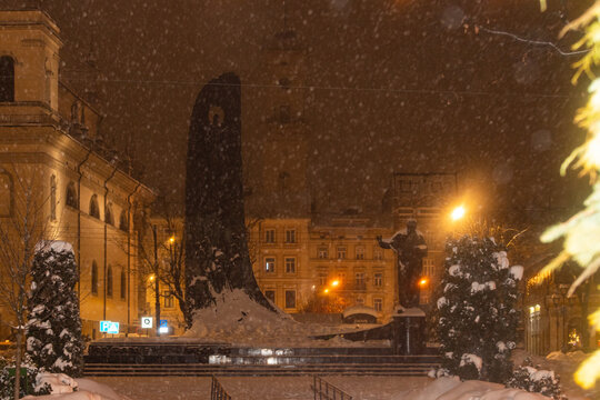 Taras Shevchenko Monument and Wave of National Rebirth in Snowy Lviv