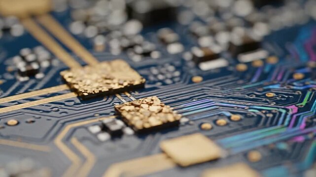 Quantum Computing Breakthroughs concept. Close-up of a colorful microchip on a circuit board.