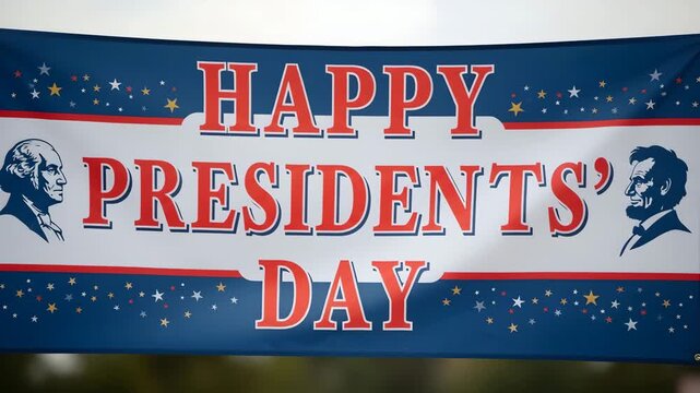 Happy Presidents Day Banner with Stars and Portraits of George Washington and Abraham Lincoln Ai HD video.
