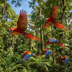 Vibrant Scarlet Macaws Flying in Tropical Rainforest