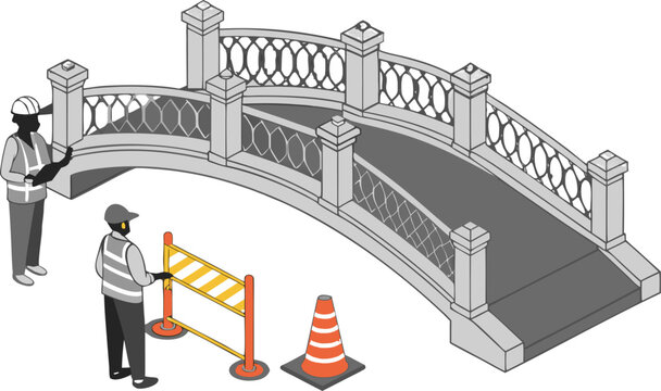 Engineers inspecting the expressway bridge construction, discussing progress on the deck in daylight, under clear skies.