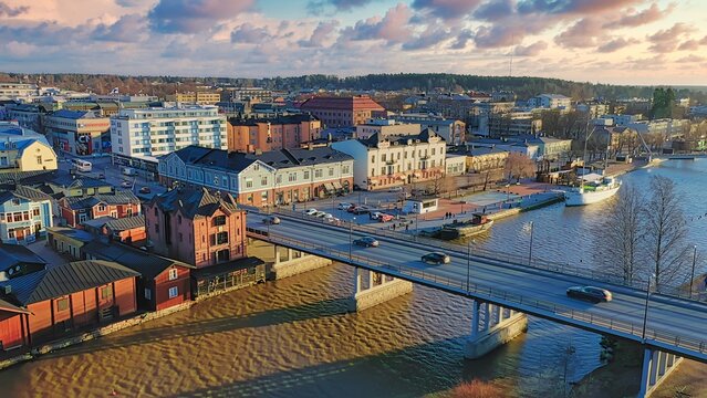 Porvoo, Finland - December 08, 2020: Aerial view showcases a vibrant cityscape with a river and bridge, highlighting colorful buildings and urban life along the waterfront - Powered by Adobe
