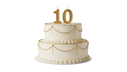 Double-tier white birthday cake with gold bead chains and number 10 candle on transparent background PNG (10 नंबर की मोमबत्ती के साथ डबल-लेयर सफेद केक)