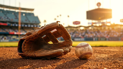 Baseball glove ball sit on baseball field at sunset capturing the spirit of the game