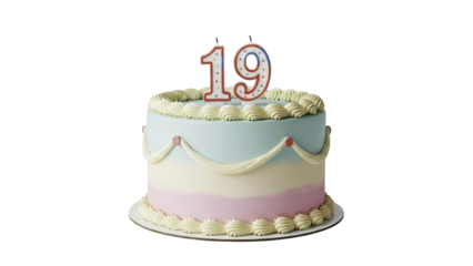 Dreamy pastel blue and pink birthday cake with number 19 candle on transparent background PNG (19 नंबर की मोमबत्ती के साथ प्यारा पेस्टल नीला और गुलाबी केक)