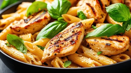 Grilled Chicken Pasta: A culinary masterpiece features perfectly grilled chicken and pasta, the dish is decorated with fresh basil leaves.