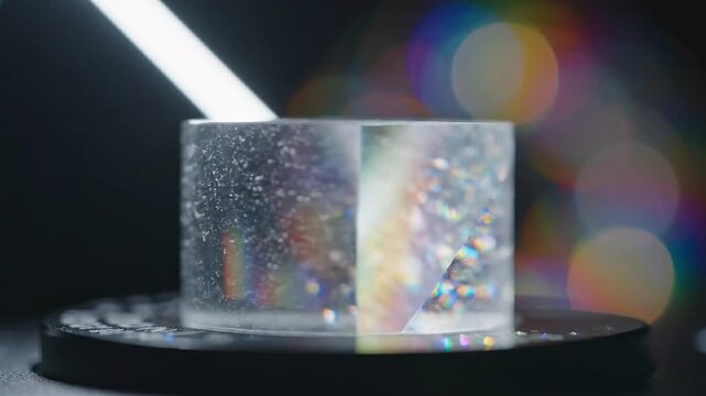 Quantum Computing Breakthroughs concept. Ice cube with bubbles illuminated by colorful light.