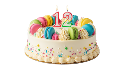 Festive white cake with colorful macarons and number 12 candle on transparent background PNG (रंगीन मैकरॉन और 12 नंबर की मोमबत्ती के साथ सफेद केक)