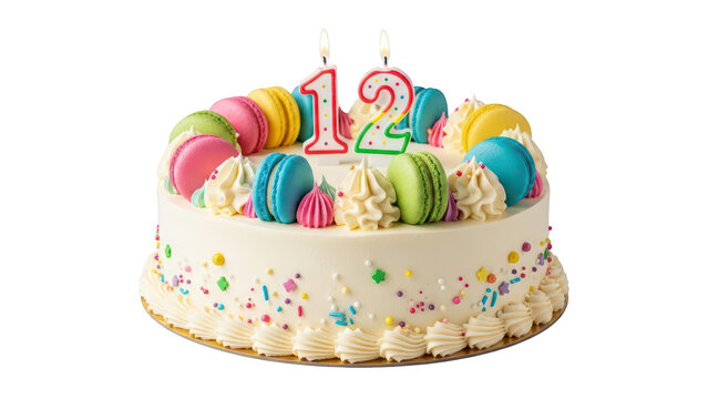 Festive white cake with colorful macarons and number 12 candle on transparent background PNG (रंगीन मैकरॉन और 12 नंबर की मोमबत्ती के साथ सफेद केक)