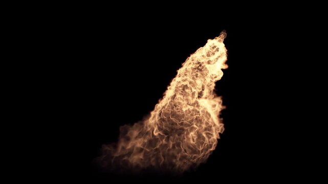 A realistic flamethrower flame burst with black smoke on an alpha channel background.