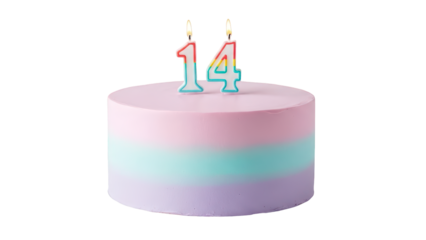 Pastel three-layer ombre birthday cake with number 14 candle on transparent background PNG (14 नंबर की मोमबत्ती के साथ पेस्टल तीन-परत वाला केक)