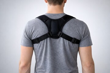 Rear view of a man wearing a posture corrector brace for shoulder alignment and upper back support, isolated on neutral background