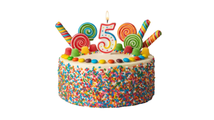 Fun sprinkle birthday cake with lollipops and number 5 candle on transparent background PNG (लॉलीपॉप और 5 नंबर की मोमबत्ती के साथ मजेदार स्प्रिंकल केक)