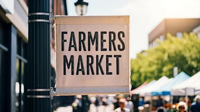 Farmers market sign with bustling crowd for the concept of local community and fresh produce.