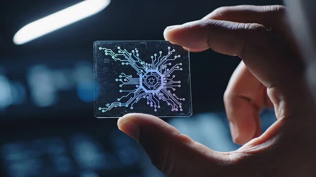 Quantum Computing Breakthroughs concept. Hand holding a transparent circuit board with intricate designs.