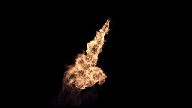 A realistic flamethrower flame burst with black smoke on an alpha channel background.
