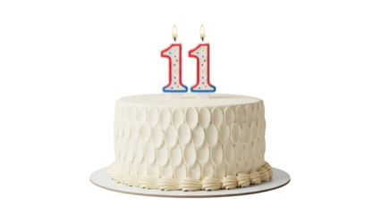 Textured white cream birthday cake with number 11 candle on transparent background PNG (बनावट वाली सफेद क्रीम वाला और 11 नंबर की मोमबत्ती वाला केक)