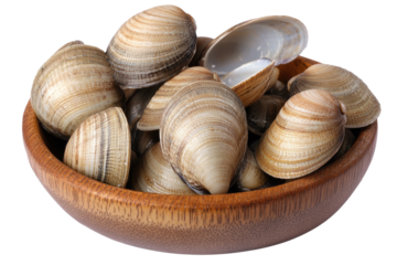 Clams fill a wooden bowl, one open