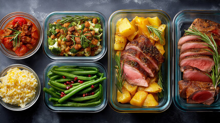 Variety of balanced meals in glass containers, fresh ingredients, portion control, weekly nutrition planning, organized healthy eating, clean photography, with copy space