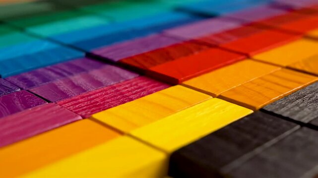 Vibrant wooden color blocks arranged in smooth gradient pattern showcasing rich pigments tactile texture and creative design harmony