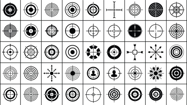circular abstract symbols with geometric and target-like designs, representing visual communication, interface elements, and creative iconography for design and analysis