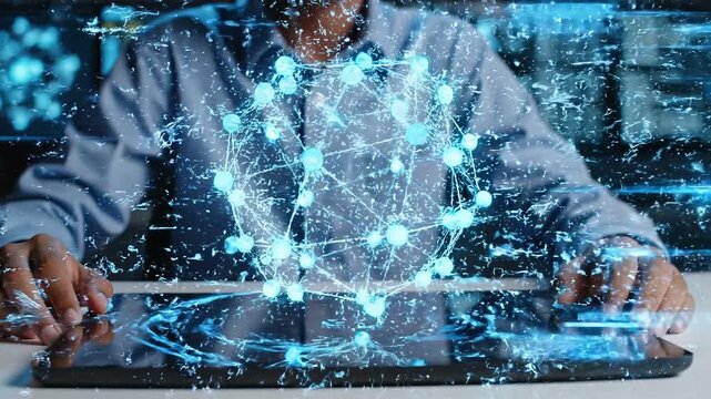 Quantum Computing Breakthroughs concept. Person sketching designs on a tablet in a modern workspace.